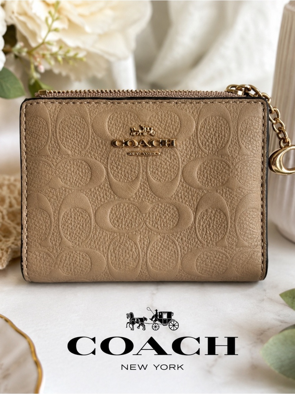 Coach Signature Leather Zip Card Case Wallet Beige Taupe Oxblood ID Holder